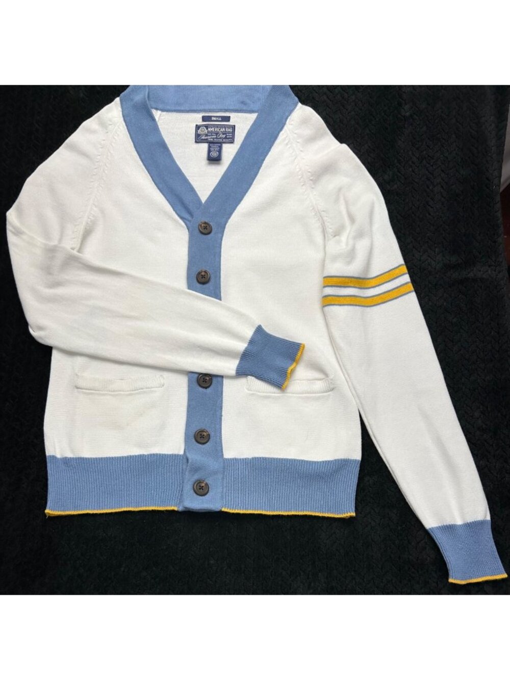 American Rag Small Cotton Cardigan Sweater White & Blue With Yellow Stripe Accen